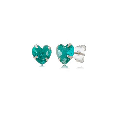 Cartela de brincos zircônia Coração 8x8 - Verde Mar - Prata 925 (Contém 12 Pares)