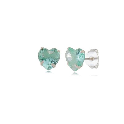 Cartela de brincos zircônia Coração 8x8 - Verde Paraíba - Prata 925 (Contém 12 Pares)