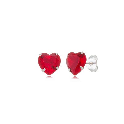 Cartela de brincos zircônia Coração 8x8 - Vermelho - Prata 925 (Contém 12 Pares)