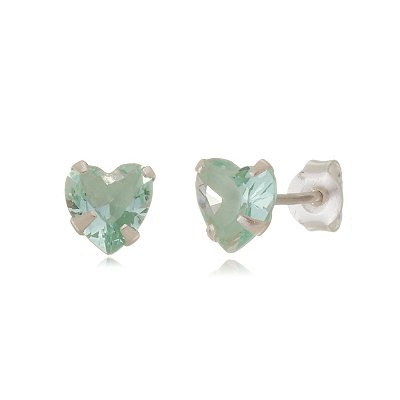 Cartela de brincos zircônia Coração 10x10 - Verde Paraíba - Prata 925 (Contém 12 Pares)