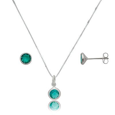 Conjunto Redondo Embutido 6mm - Verde Mar - Prata 925