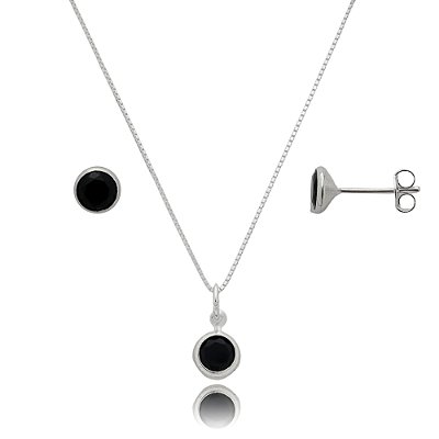 Conjunto Redondo Embutido 6mm - Preto - Prata 925