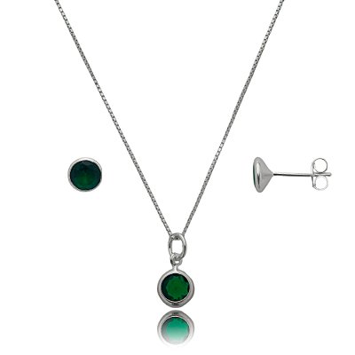 Conjunto Redondo Embutido 6mm - Verde Esmeralda - Prata 925