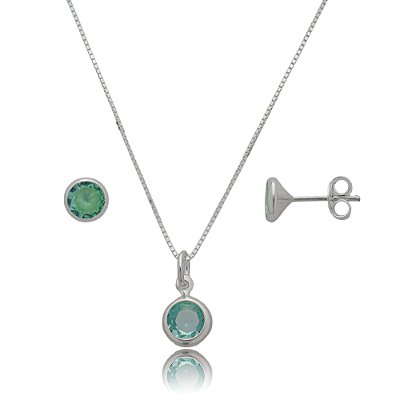 Conjunto Redondo Embutido 6mm - Verde Paraíba - Prata 925