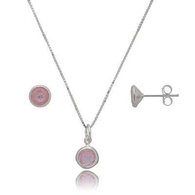 Conjunto Redondo Embutido 6mm -Rosa - Prata 925