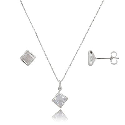 Conjunto Quadrado Embutido 6mm - Cristal - Prata 925