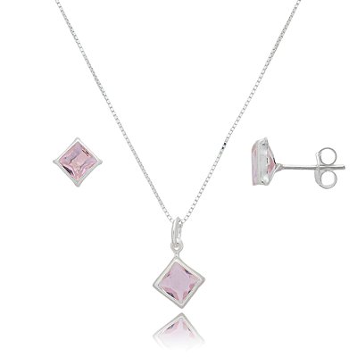 Conjunto Quadrado Embutido 6mm - Rosa - Prata 925