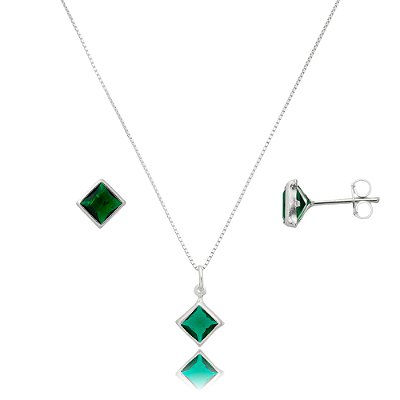 Conjunto Quadrado Embutido 6mm -Esmeralda- Prata 925