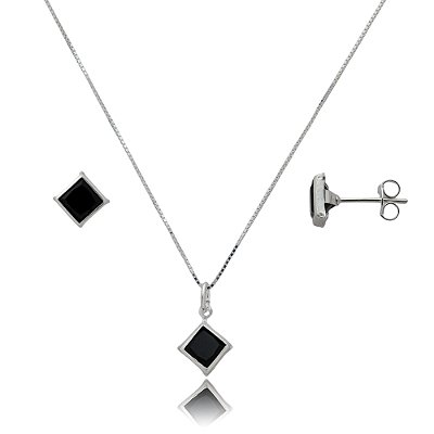 Conjunto Quadrado Embutido 6mm - Preto - Prata 925