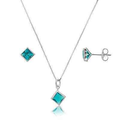 Conjunto Quadrado Embutido 6mm - Turmalina - Prata 925