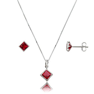 Conjunto Quadrado Embutido 6mm - Fúcsia - Prata 925