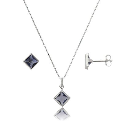 Conjunto Quadrado Embutido 6mm - Lilás - Prata 925