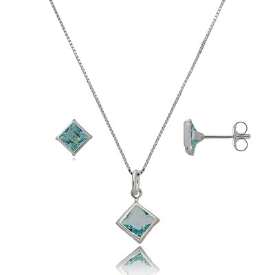 Conjunto Quadrado Embutido 6mm - Azul Bebê - Prata 925