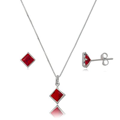 Conjunto Quadrado Embutido 6mm - Vermelho - Prata 925