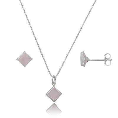 Conjunto Quadrado Embutido 6mm - Rosa Leitoso- Prata 925