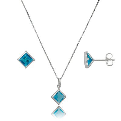 Conjunto Quadrado Embutido 6mm - Azul Céu - Prata 925