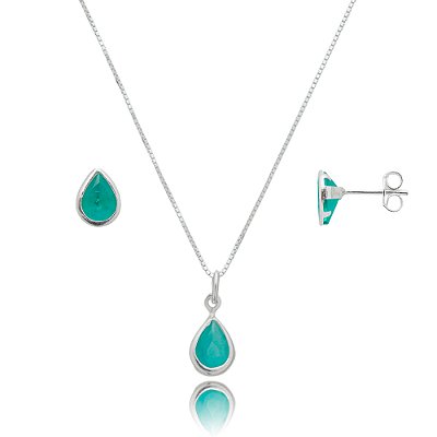 Conjunto Gota Embutido 6x8mm -Verde Leitoso- Prata 925