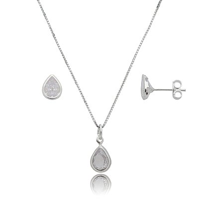 Conjunto Gota Embutido 6x8mm -Cristal- Prata 925
