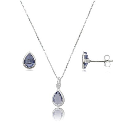 Conjunto Gota Embutido 6x8mm -Lilás- Prata 925
