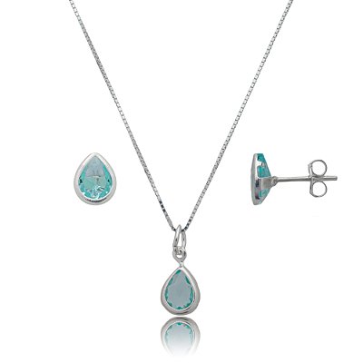 Conjunto Gota Embutido 6x8mm -Azul Bebê- Prata 925
