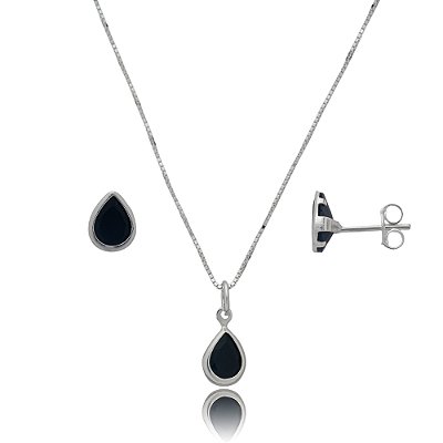 Conjunto Gota Embutido 6x8mm -Preto- Prata 925