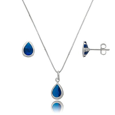 Conjunto Gota Embutido 6x8mm - Azul Royal - Prata 925