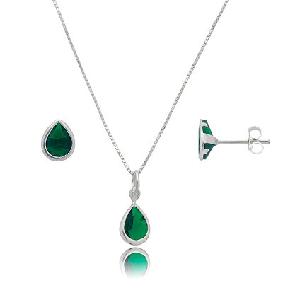 Conjunto Gota Embutido 6x8mm - Esmeralda - Prata 925