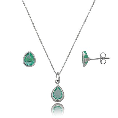 Conjunto Gota Embutido 6x8mm -Verde Paraíba- Prata 925