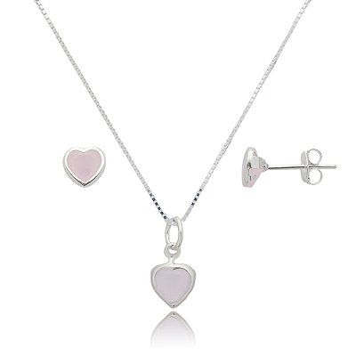 Conjunto Coração Embutido 6mm - Rosa Leitoso - Prata 925
