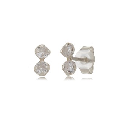 Cartela de brincos zircônia Duplo 3mm - Cristal - Prata 925 (Contém 12 pares)