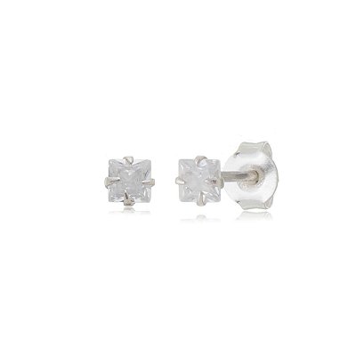 Cartela de brincos zircônia quadrado 3x3 - Cristal - Prata 925 (Contém 12 Pares)