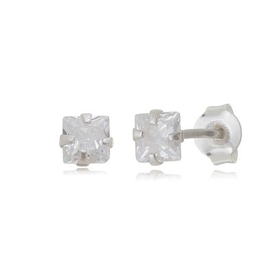 Cartela de brincos zircônia quadrado 4x4 - Cristal - Prata 925 (Contém 12 Pares)