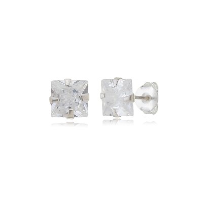 Cartela de brincos zircônia quadrado 5x5 - Cristal - Prata 925 (Contém 12 Pares)