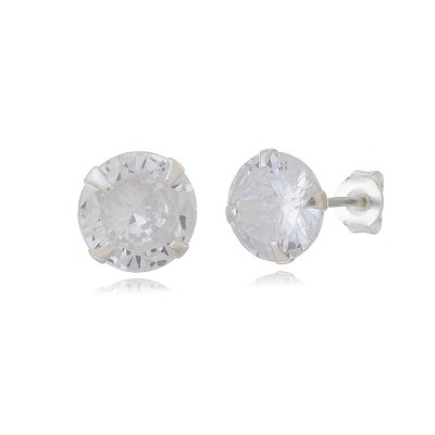 Cartela de Brincos Zircônia 8mm - Cristal - Prata 925 (Contém 12 Pares)