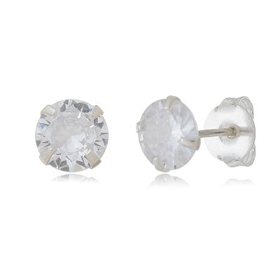 Cartela de brincos zircônia redondo 9mm - Cristal - Prata 925 (Contém 12 Pares)