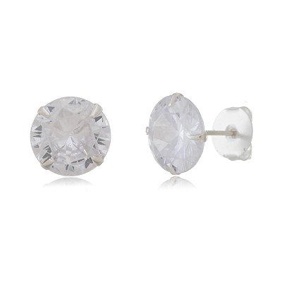 Cartela de brincos zircônia Redondo 10mm - Cristal - Prata 925 (Contém 12 Pares)