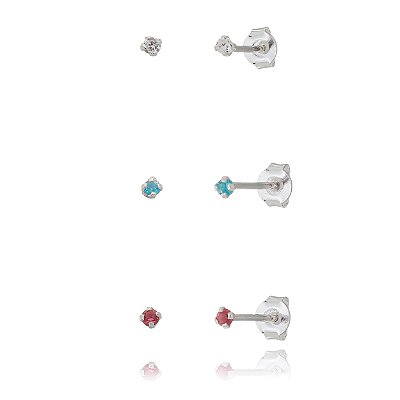 Trios de brincos zircônia 2mm - Cristal/Fúcsia/Azul Céu- Prata 925 (Contém 5 Trios)