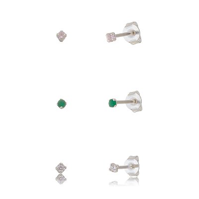 Trios de brincos zircônia 2mm - Cristal/Rosa/Verde- Prata 925 (Contém 5 Trios)
