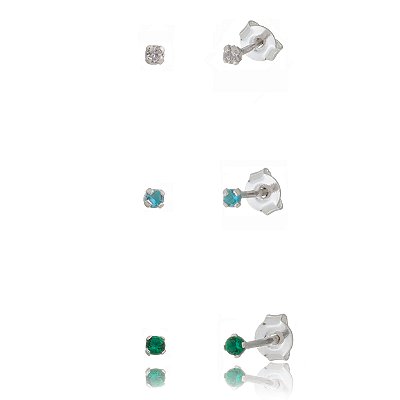 Trios de brincos zircônia 2mm - Cristal/Azul/Verde- Prata 925 (Contém 5 Trios)