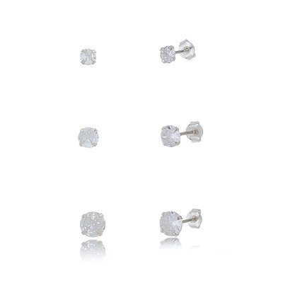 Trios de brincos zircônia Redondo - Cristal 3/4/5mm - Prata 925 (Contém 5 Trios)