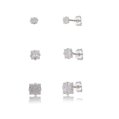 Trios de brincos zircônia Quadrado 3/4/5x5 - Prata 925 (Contém 5 Trios)
