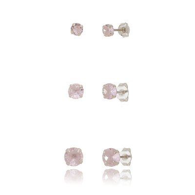 Trios de brincos zircônia 4/5/6mm - Rosa - Prata 925 (Contém 5 Trios)