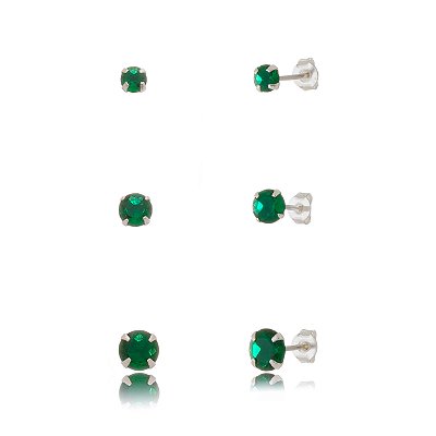 Trios de brincos zircônia 4/5/6mm - Verde Esmeralda - Prata 925 (Contém 5 Trios)