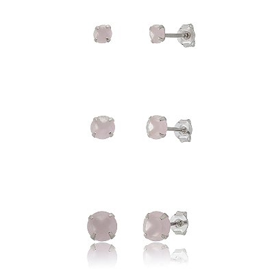 Trios de brincos zircônia 4/5/6mm - Rosa Leitoso - Prata 925 (Contém 5 Trios)