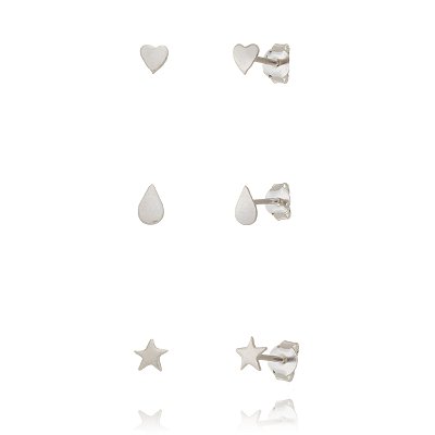 Trios de brincos estampados - Coração, Gota, Estrela - Prata 925 (Contém 5 Trios)
