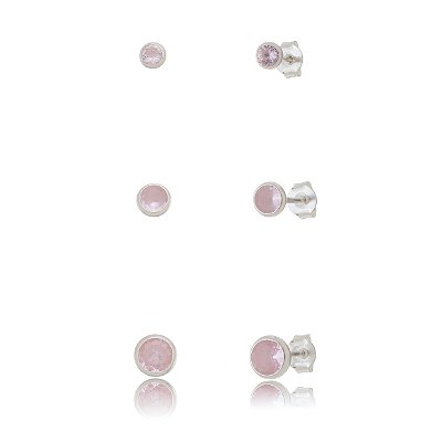 Trios de brincos zircônia Embutido 3/4/5mm - Rosa - Prata 925 (Contém 5 Trios)