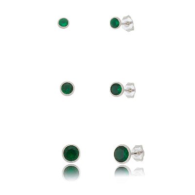 Trios de brincos zircônia Embutido 3/4/5mm - Verde Esmeralda - Prata 925 (Contém 5 Trios)