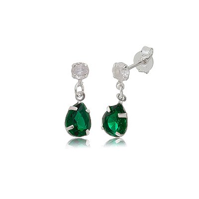 Cartela de brincos zircônia Gota Garra com Redondo 4mm - Verde Esmeralda - Prata 925 (Contém 12 Pares)