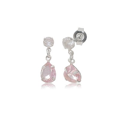 Cartela de brincos zircônia Gota Garra com Redondo 4mm - Rosa Cristal - Prata 925 (Contém 12 Pares)
