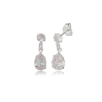 Cartela de brincos zircônia Gota Garra com Redondo 4mm - Cristal - Prata 925 (Contém 12 Pares)
